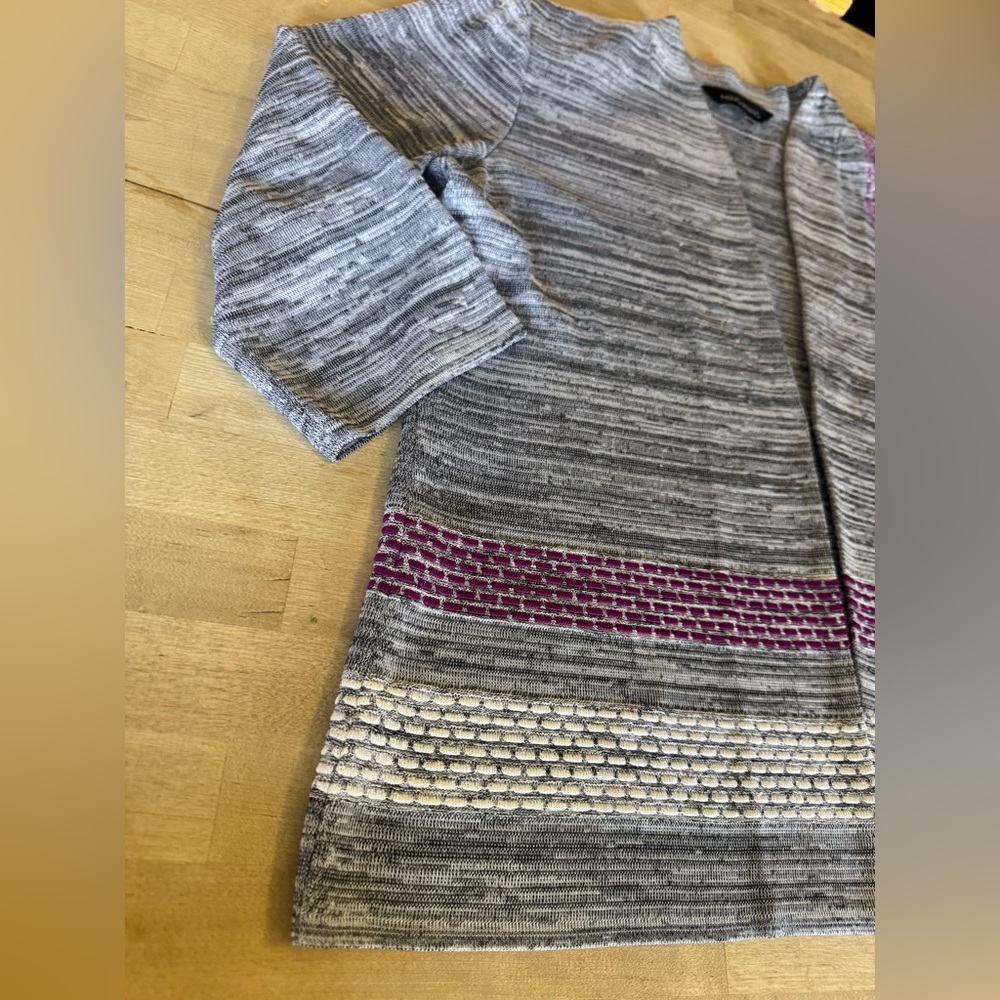 Ming Wang Women's Gray Cardigan with Purple and White Accents - Picture 2 of 10